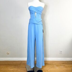 Lulus Jumpsuit Natasha Blue Strapless Cutout Draped Wide Leg Size Medium FLAW